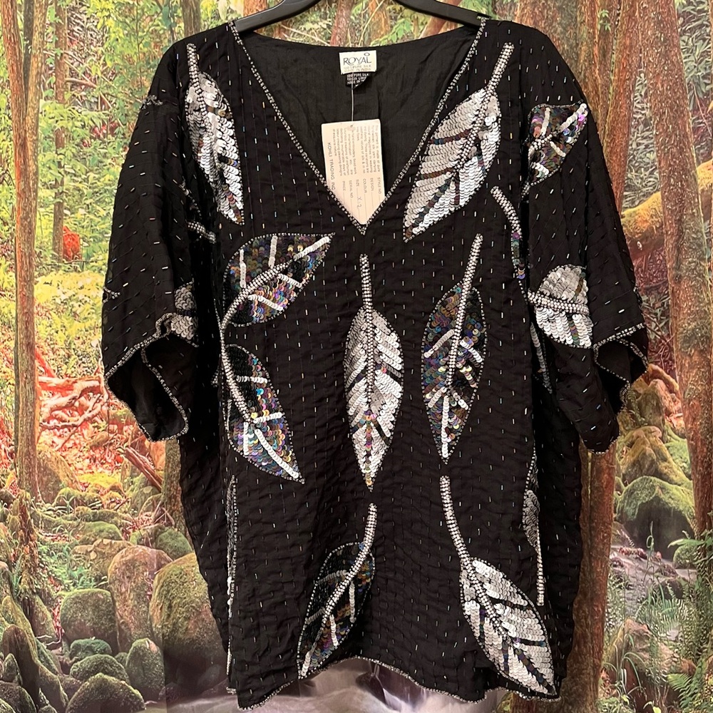 Vintage 80s Sequin Beaded Top blouse NWT Royal leaves silk
